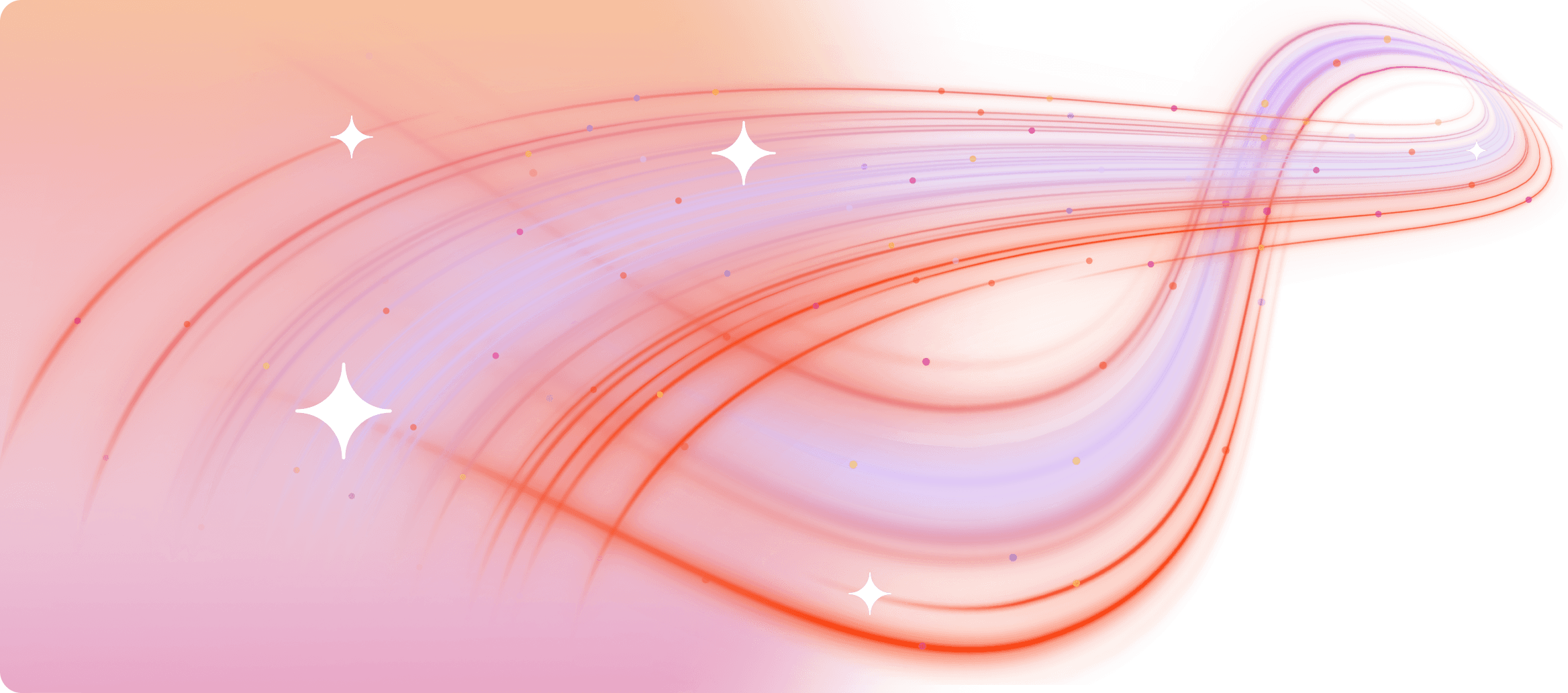 Desenho abstrato com linhas fluindo em tons de vermelho, laranja e roxo e cintilações brilhantes.