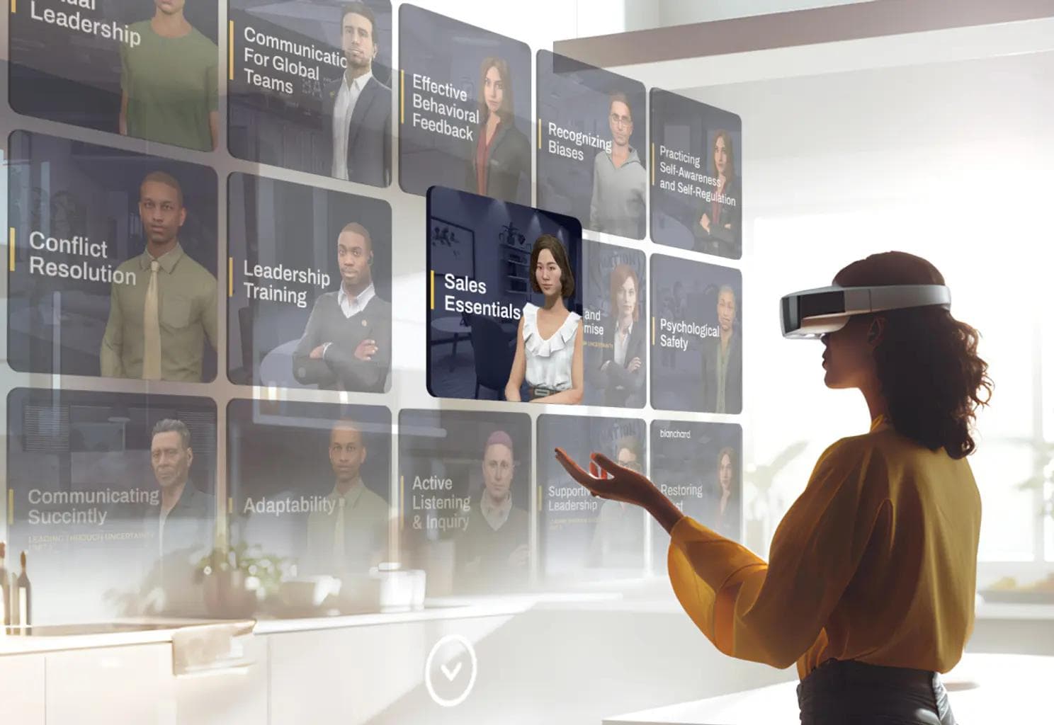 Immagine di una donna che utilizza visori VR mentre osserva visualizzazioni di persone e titoli di contenuti.