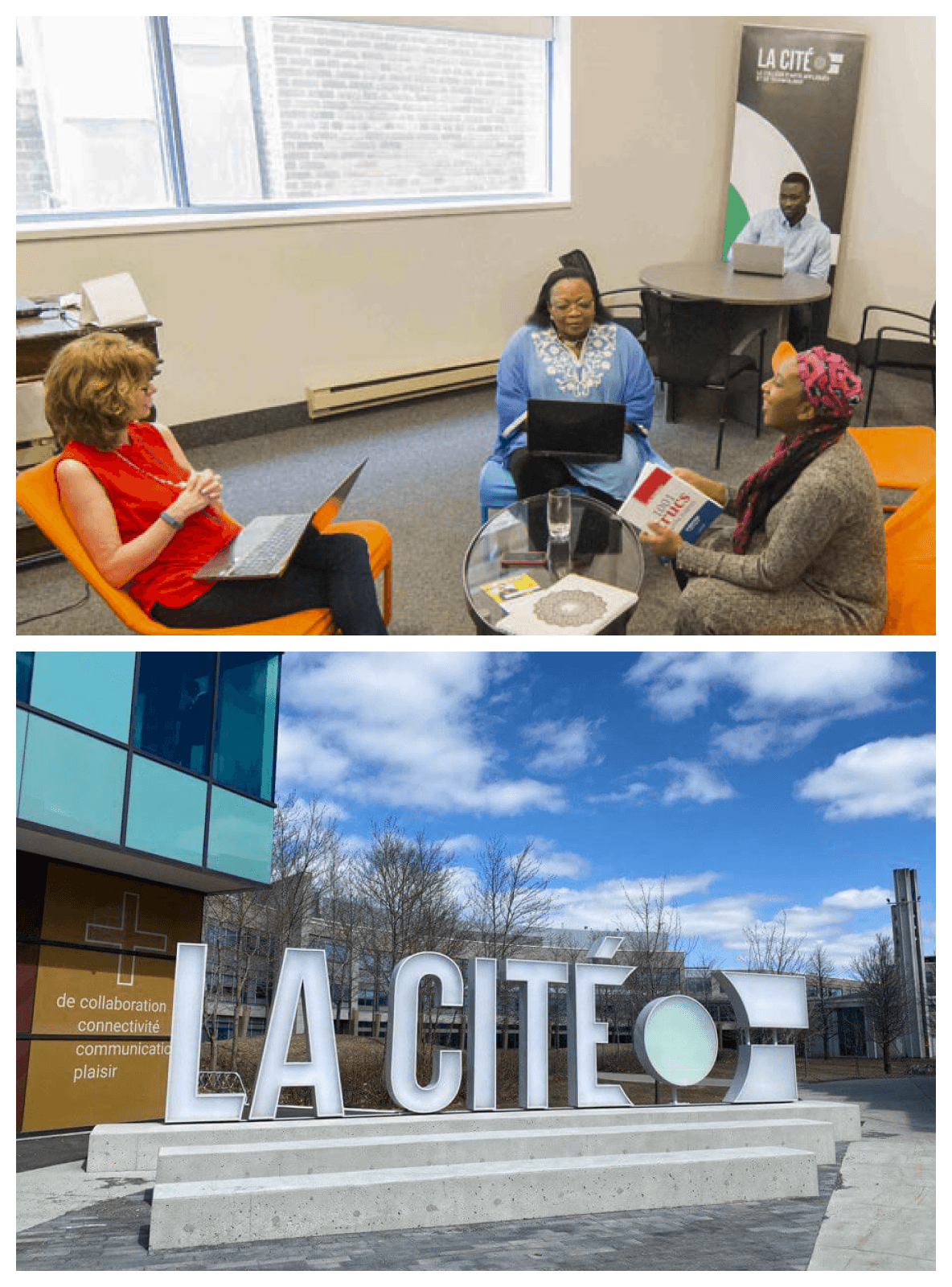 Immagine collage di quattro persone che lavorano in un ufficio accanto a un'insegna esterna di La Cité.