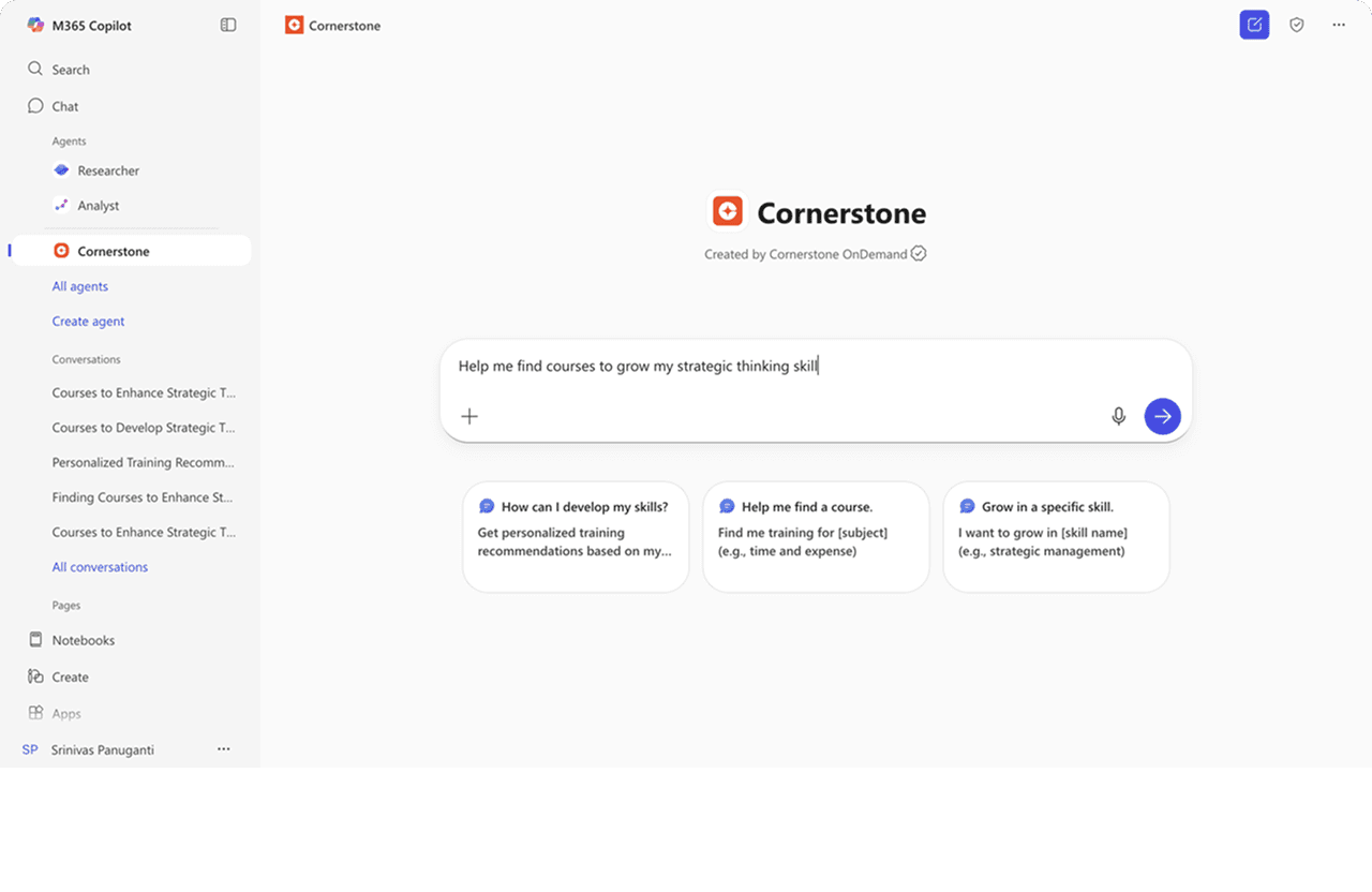 Uno screenshot dell'app Cornerstone di Microsoft 365 Copilot con una richiesta "Aiutami a trovare corsi per sviluppare la mia abilità di pensiero strategico".