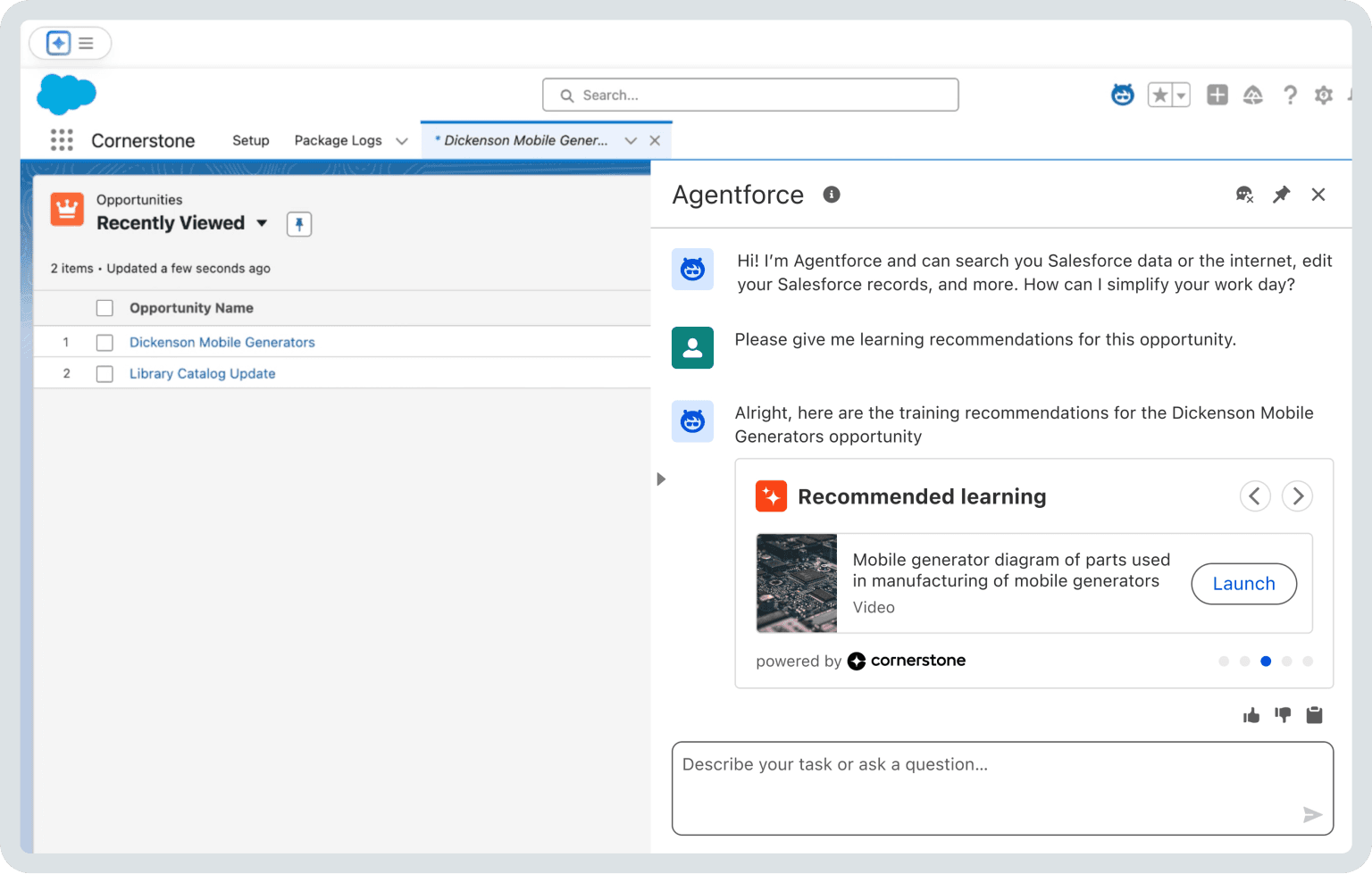 L'interfaccia Salesforce con l'assistente AI Agentforce che raccomanda materiali di apprendimento per un'opportunità di vendita.