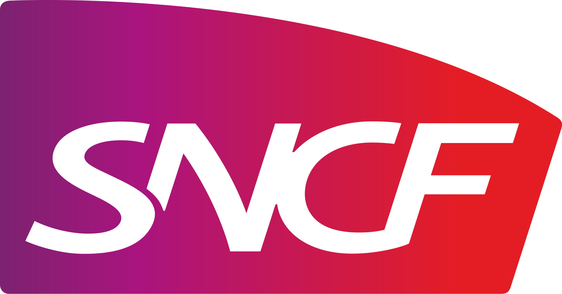 Logo SNCF con testo bianco su uno sfondo sfumato dal viola al rosso.